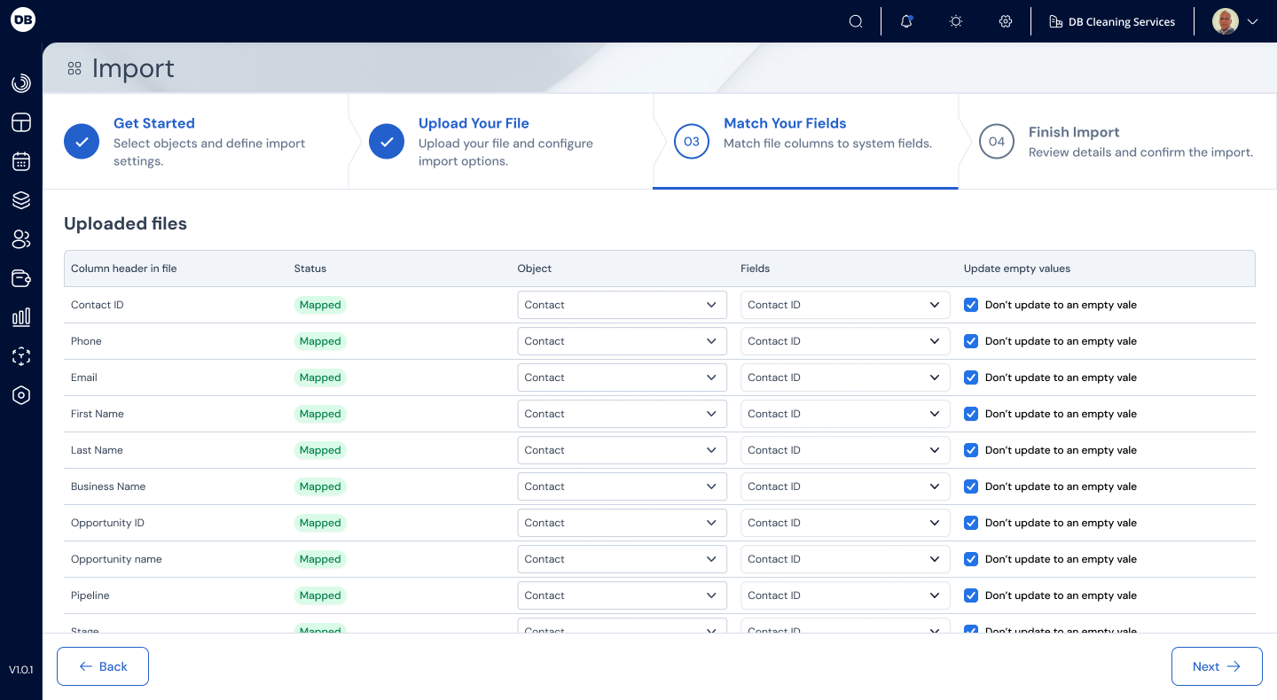 Etapa de mapeamento de campos da importação no CRM
