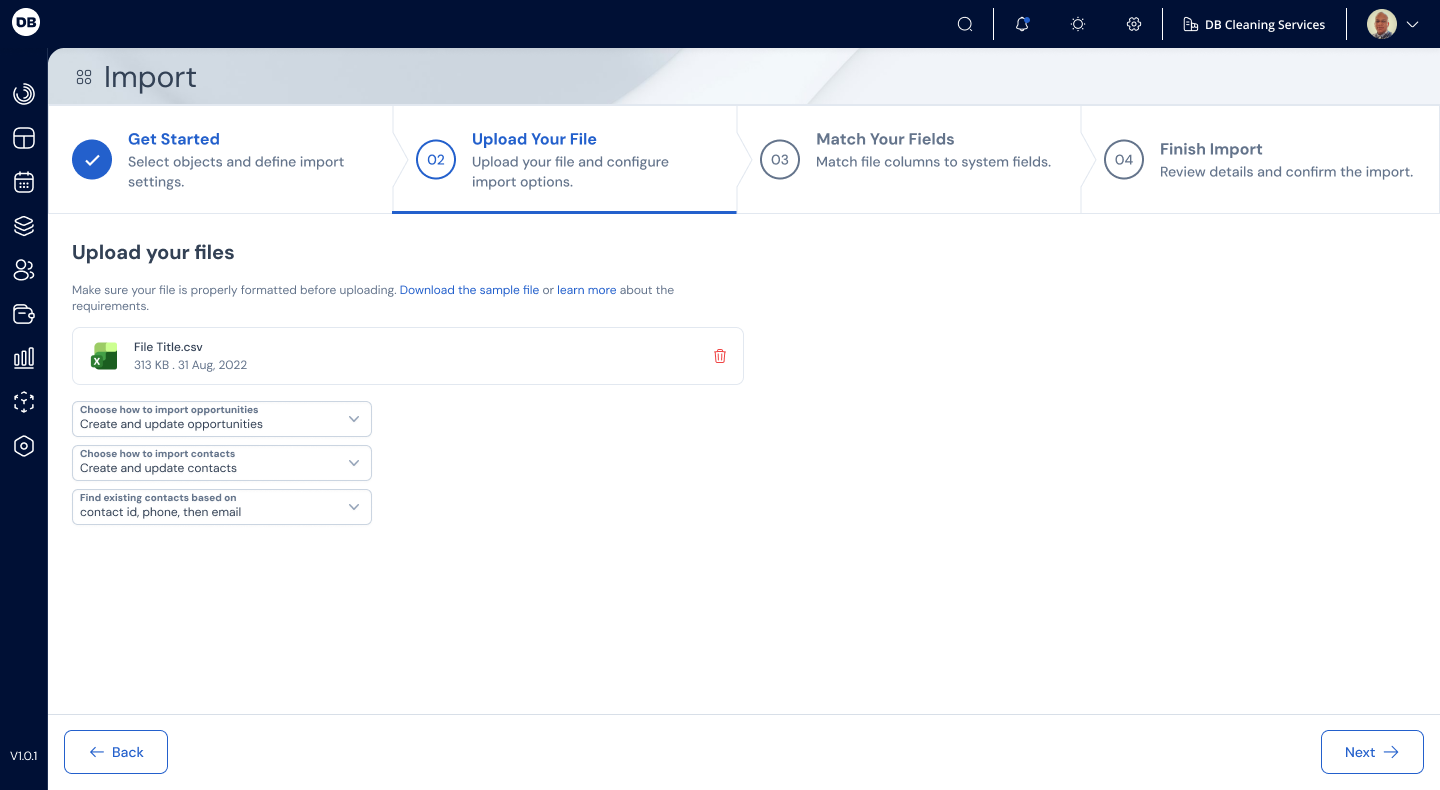 Etapa de upload de arquivo para importação no CRM