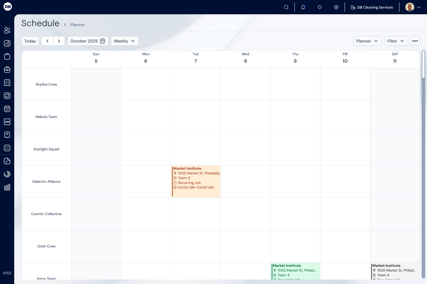 Planner semanal do CRM com equipes e jobs distribuídos na agenda