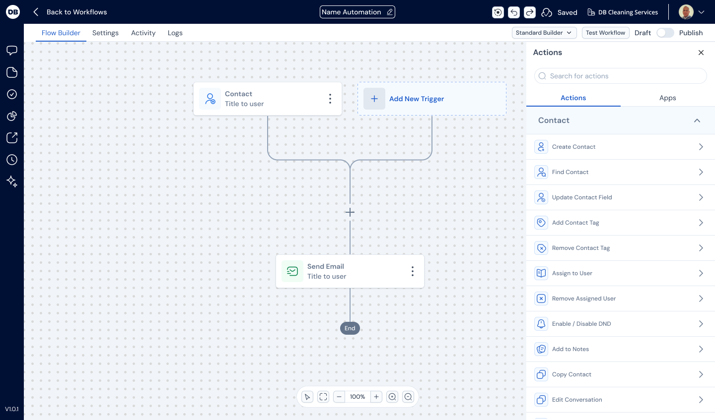 Construtor de automações do CRM DBTech com nós e painel lateral de ações